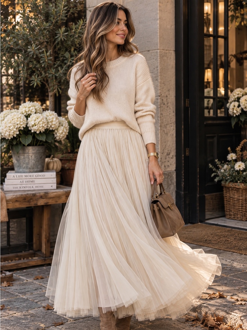 Preppy Layered Tulle Midi Skirt Romantic A-Line feminine cream